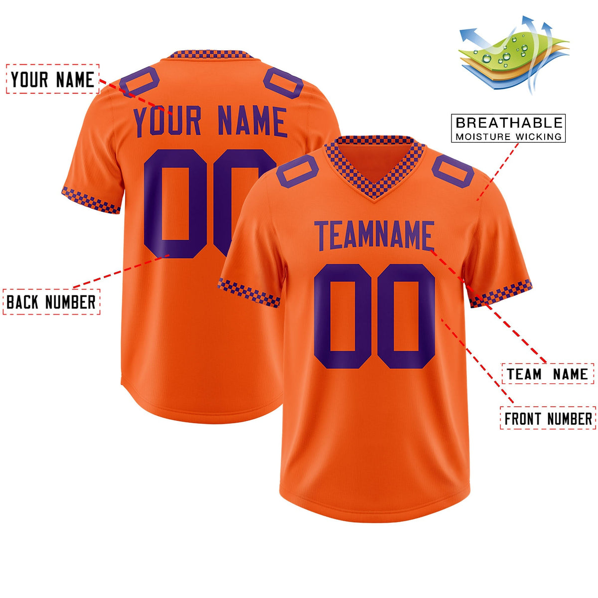 Custom Orange Purple Personalized Neckline Square Classic Authentic American Football Jersey