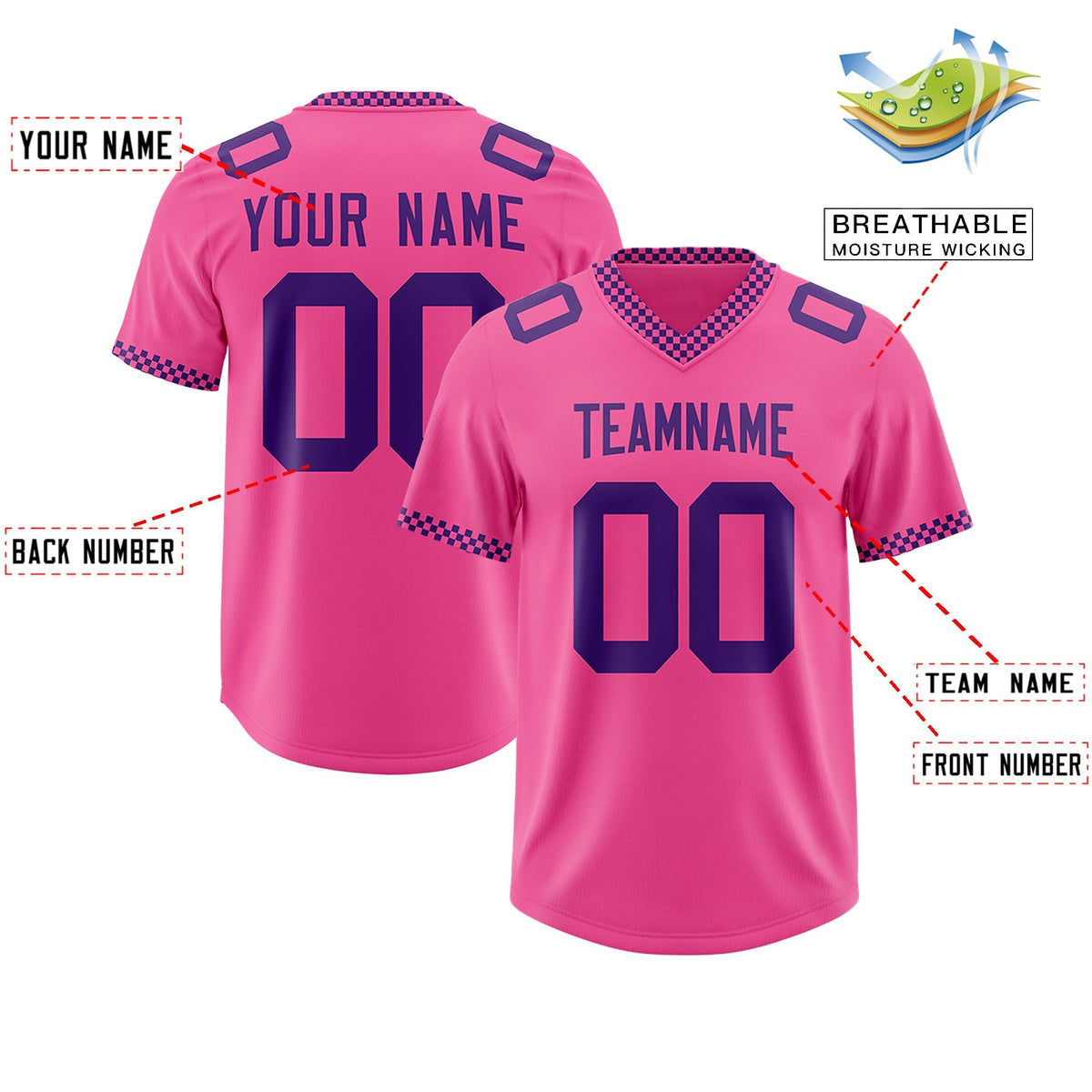 Custom Pink Purple Personalized Neckline Square Classic Authentic American Football Jersey
