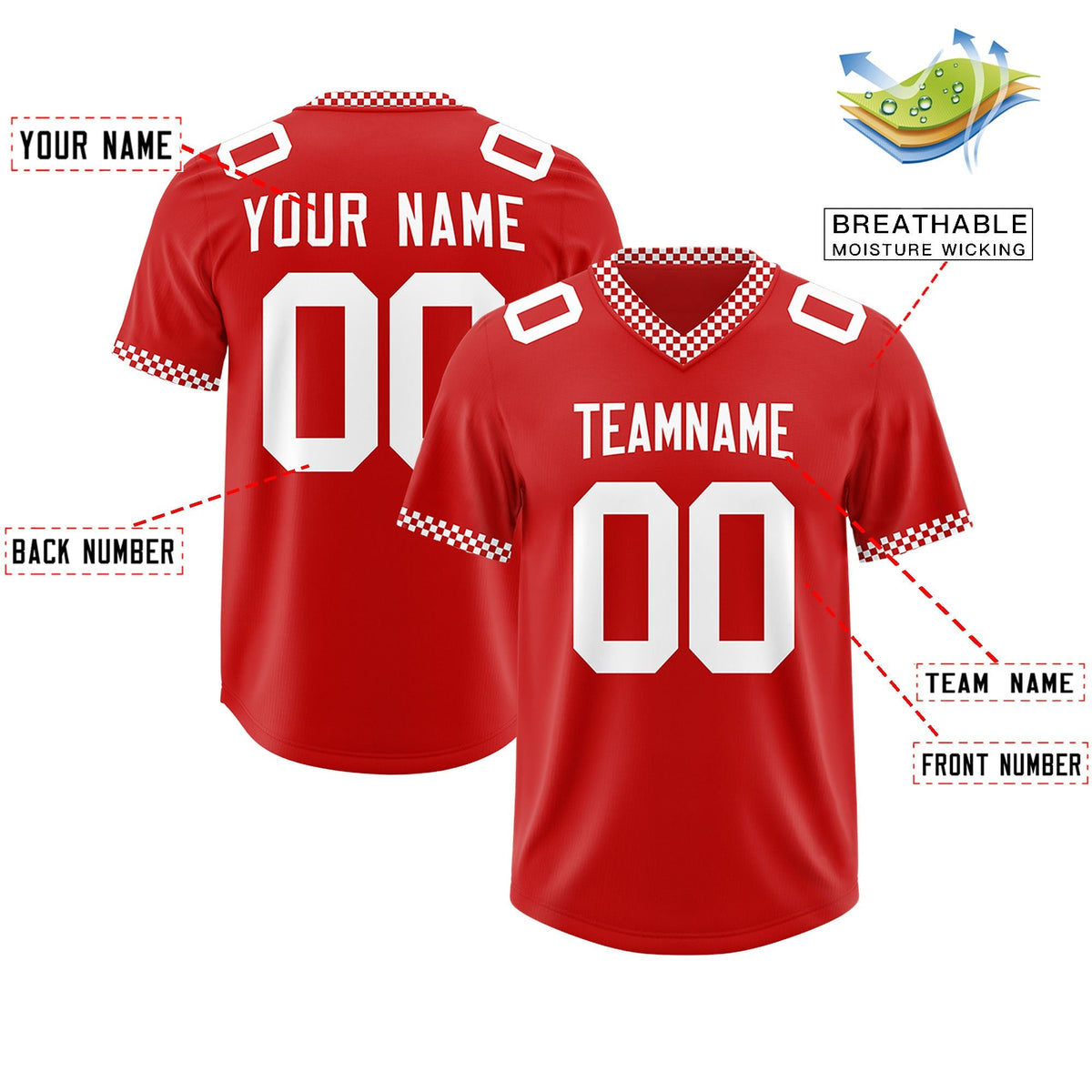 Custom Red White Personalized Neckline Square Classic Authentic American Football Jersey