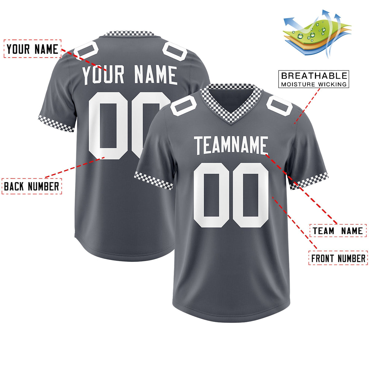 Custom Dark Gray White Personalized Neckline Square Classic Authentic American Football Jersey