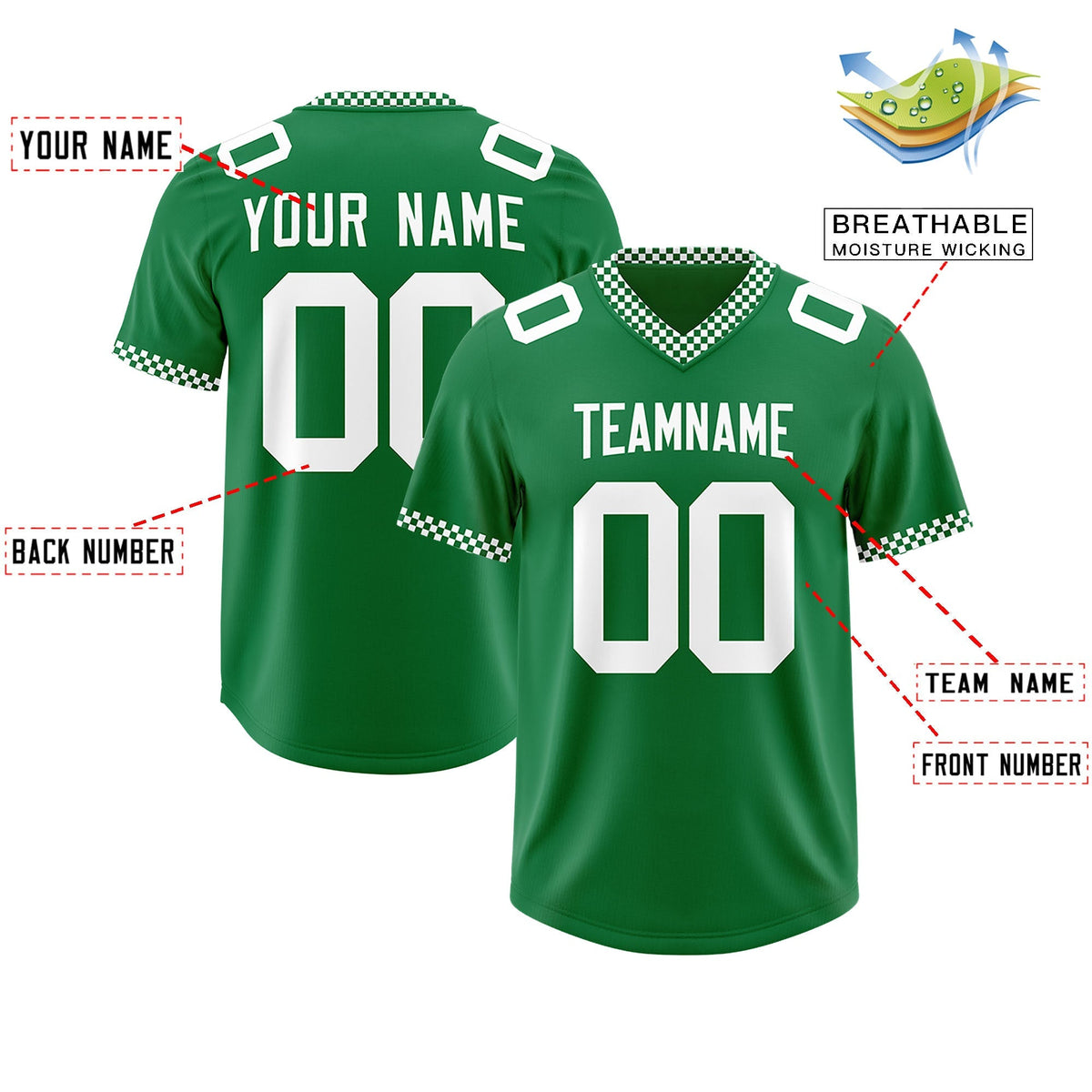Custom Kelly Green White Personalized Neckline Square Classic Authentic American Football Jersey