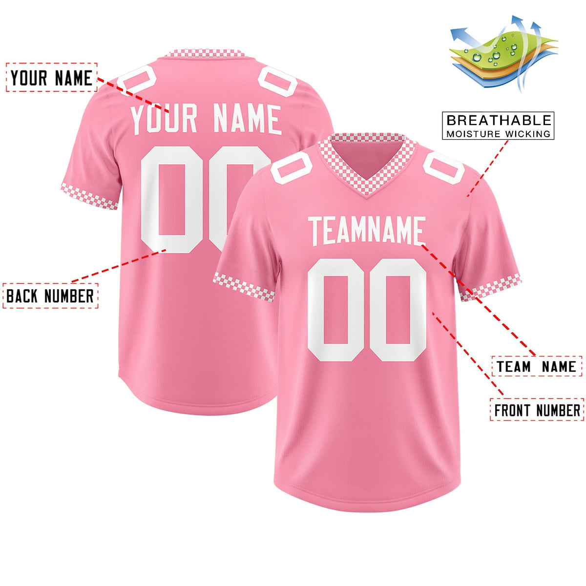 Custom Light Pink White Personalized Neckline Square Classic Authentic American Football Jersey