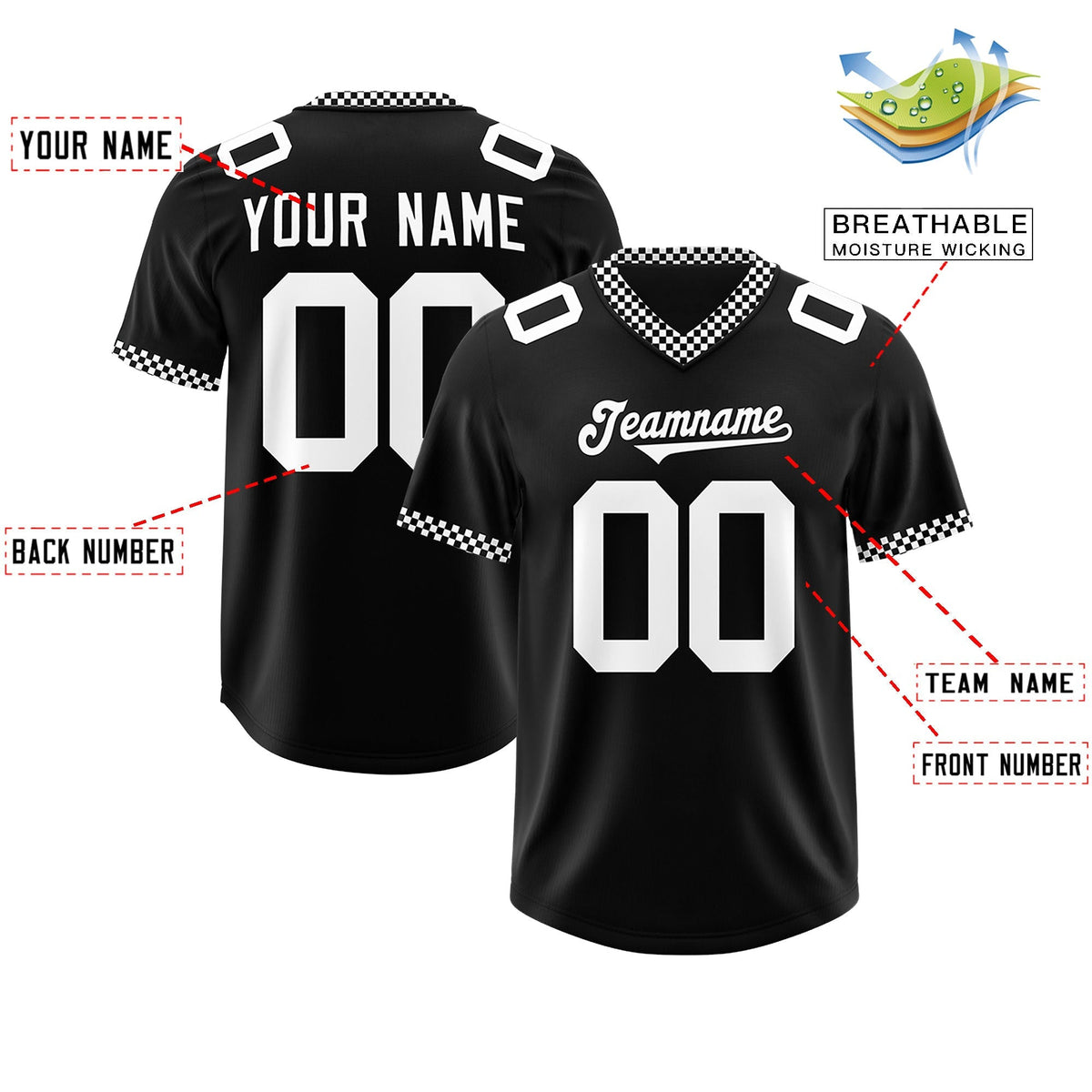 Custom Black White Personalized Neckline Square Classic Authentic American Football Jersey