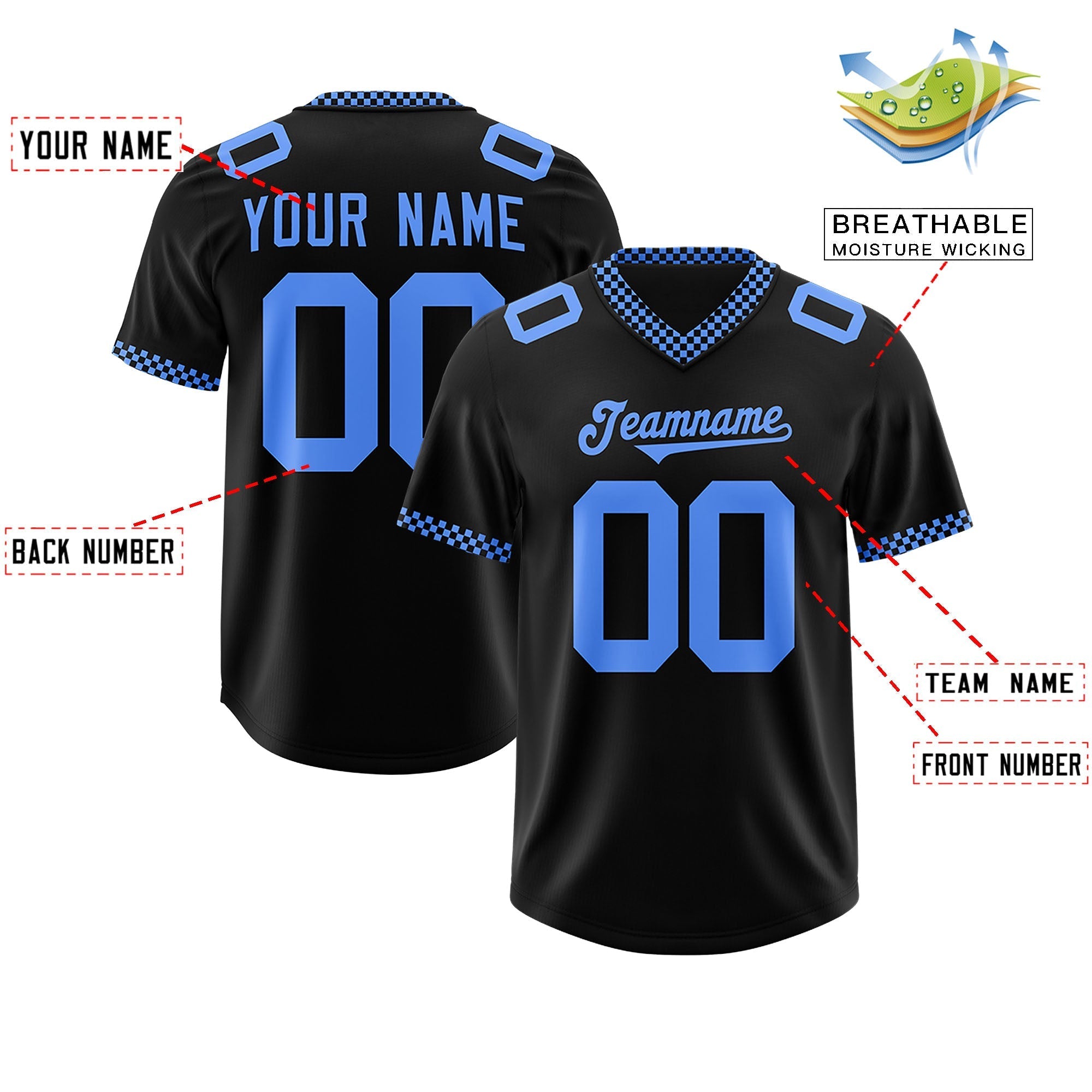 Custom Black Powder Blue Personalized Neckline Square Classic Authentic American Football Jersey