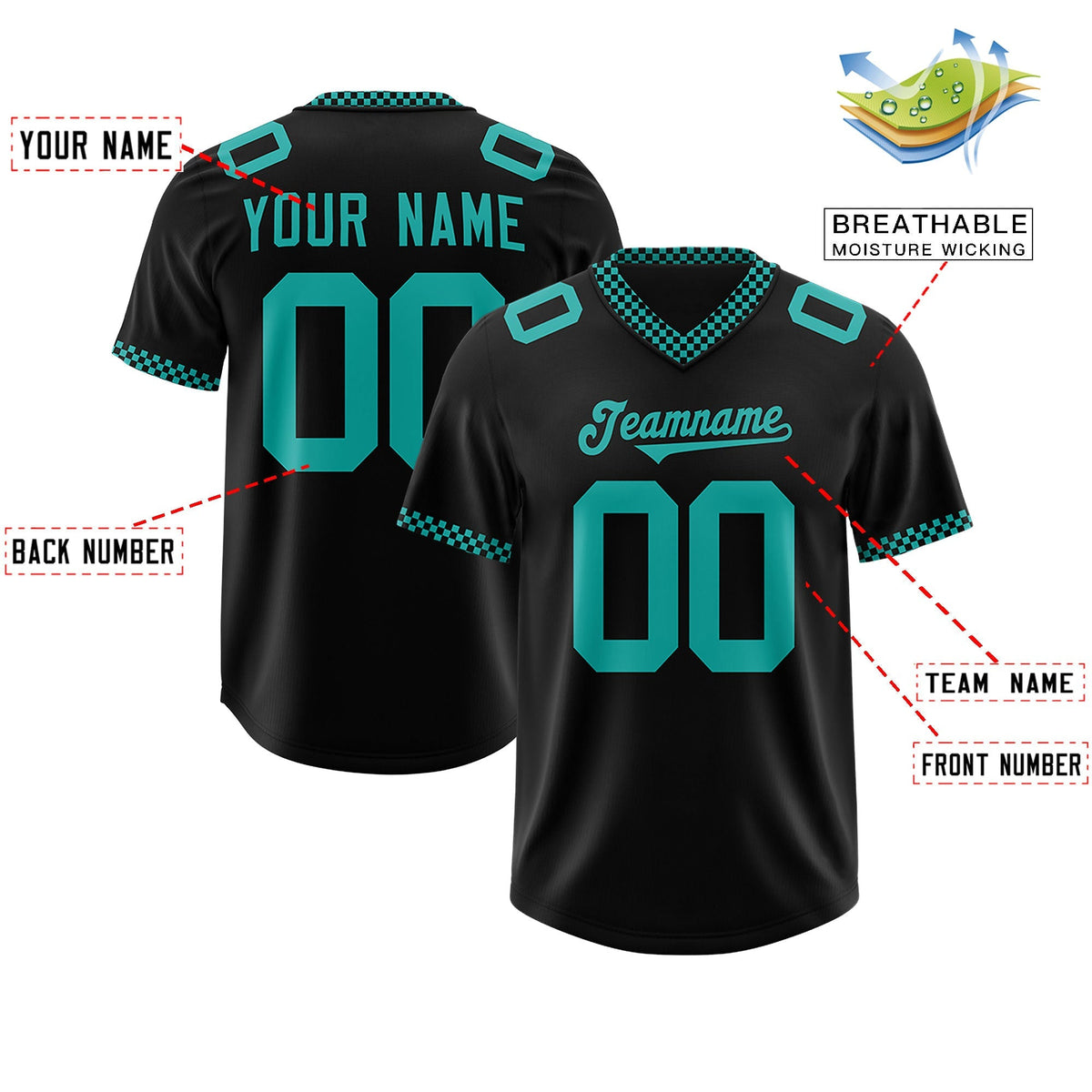Custom Black Aqua Personalized Neckline Square Classic Authentic American Football Jersey