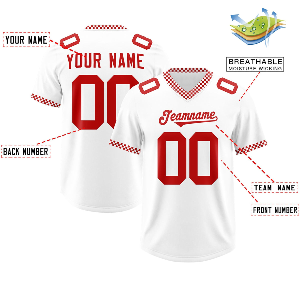 Custom White Red Personalized Neckline Square Classic Authentic American Football Jersey