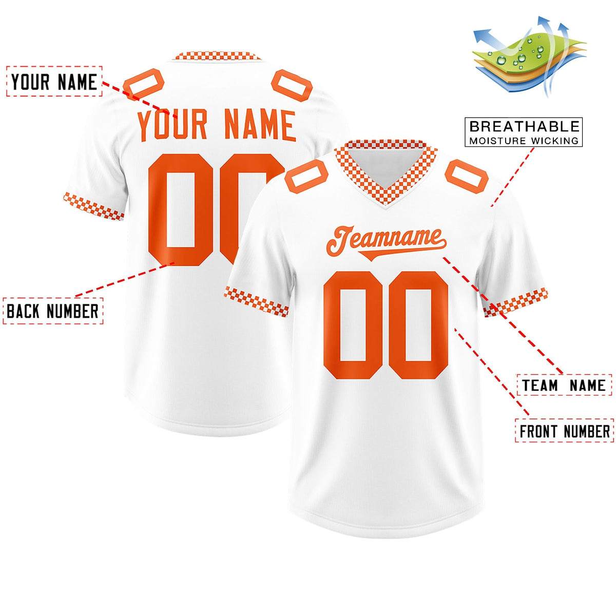 Custom White Orange Personalized Neckline Square Classic Authentic American Football Jersey