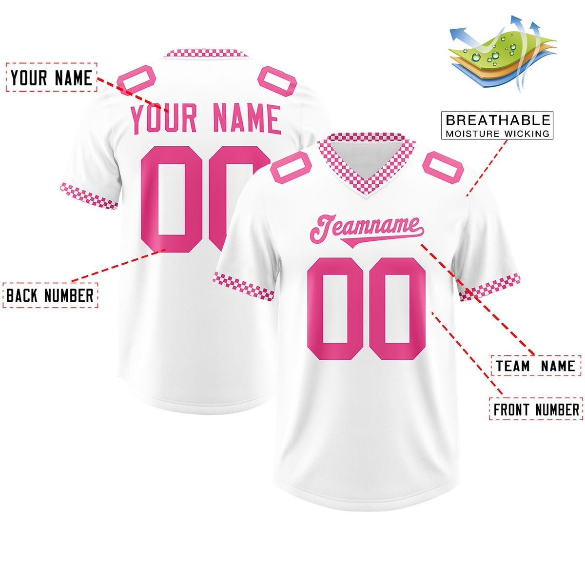 Custom White Pink Personalized Neckline Square Classic Authentic American Football Jersey