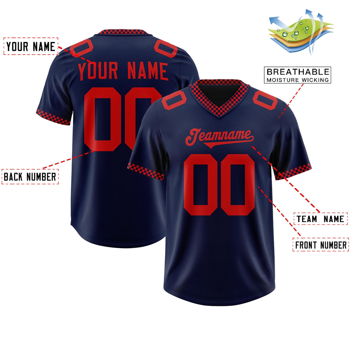 Custom Navy Red Personalized Neckline Square Classic Authentic American Football Jersey