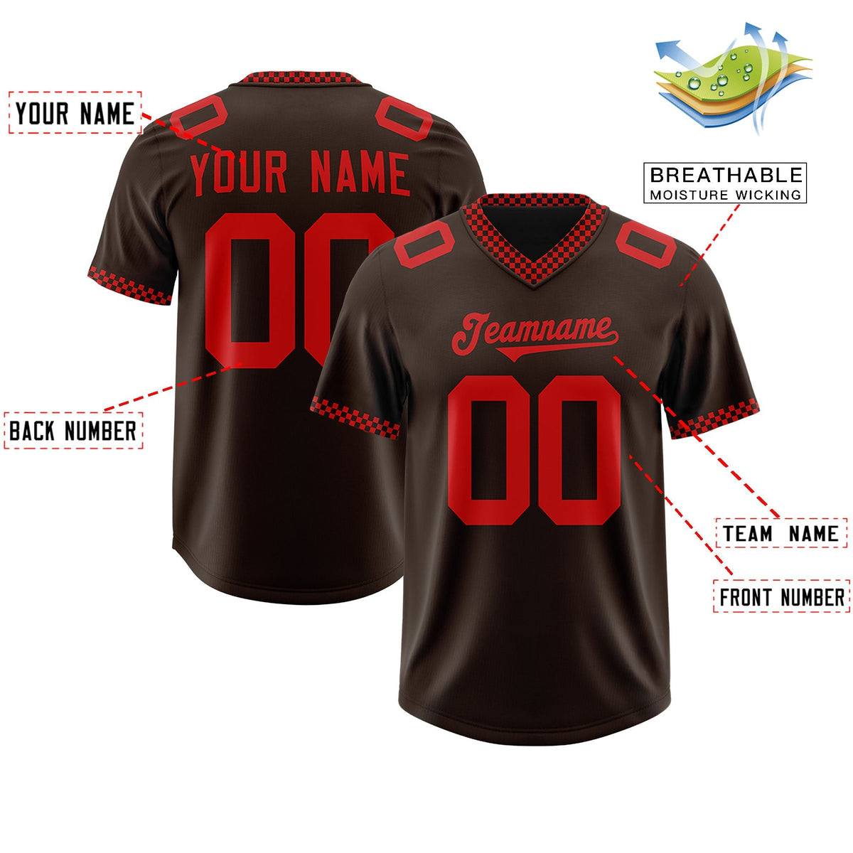 Custom Brown Red Personalized Neckline Square Classic Authentic American Football Jersey