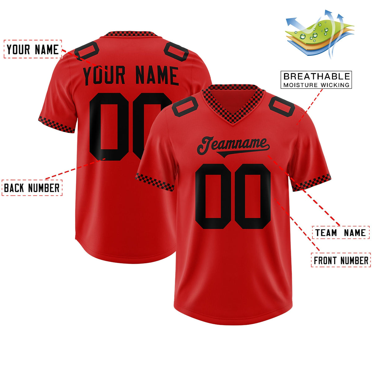 Custom Red Black Personalized Neckline Square Classic Authentic American Football Jersey