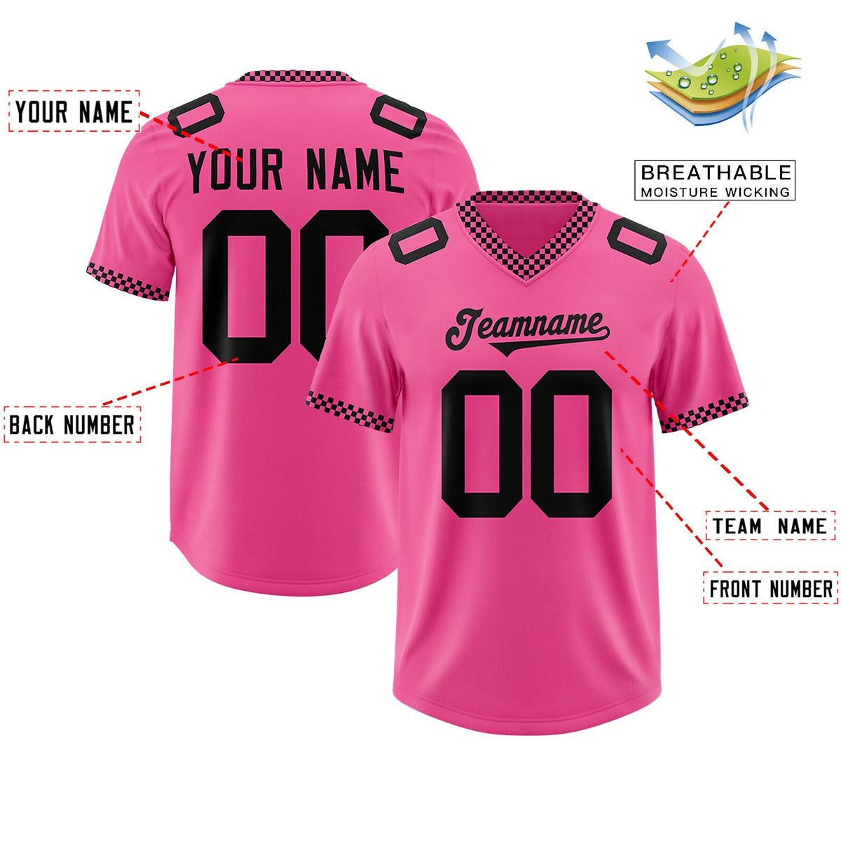 Custom Pink Black Personalized Neckline Square Classic Authentic American Football Jersey
