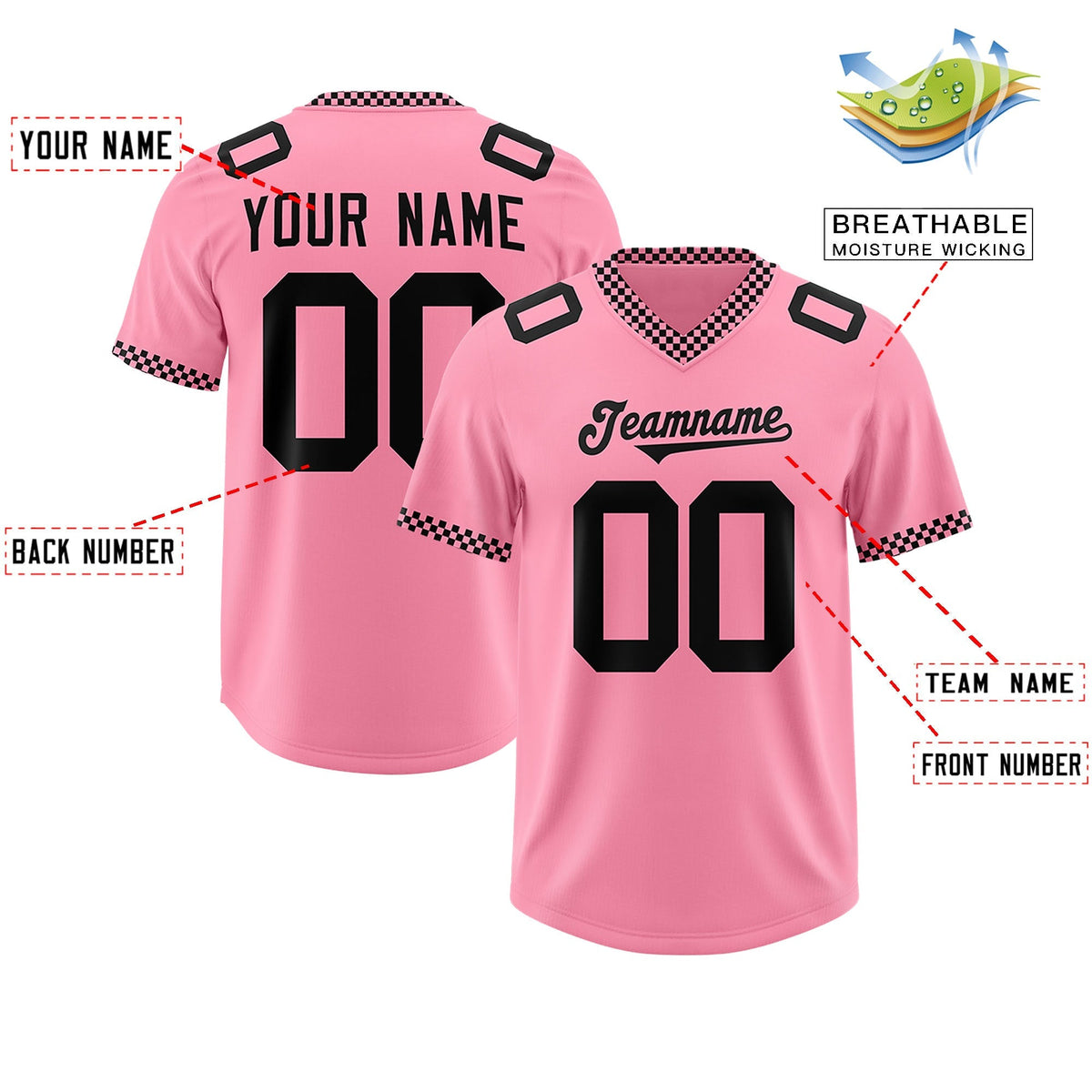 Custom Light Pink Black Personalized Neckline Square Classic Authentic American Football Jersey