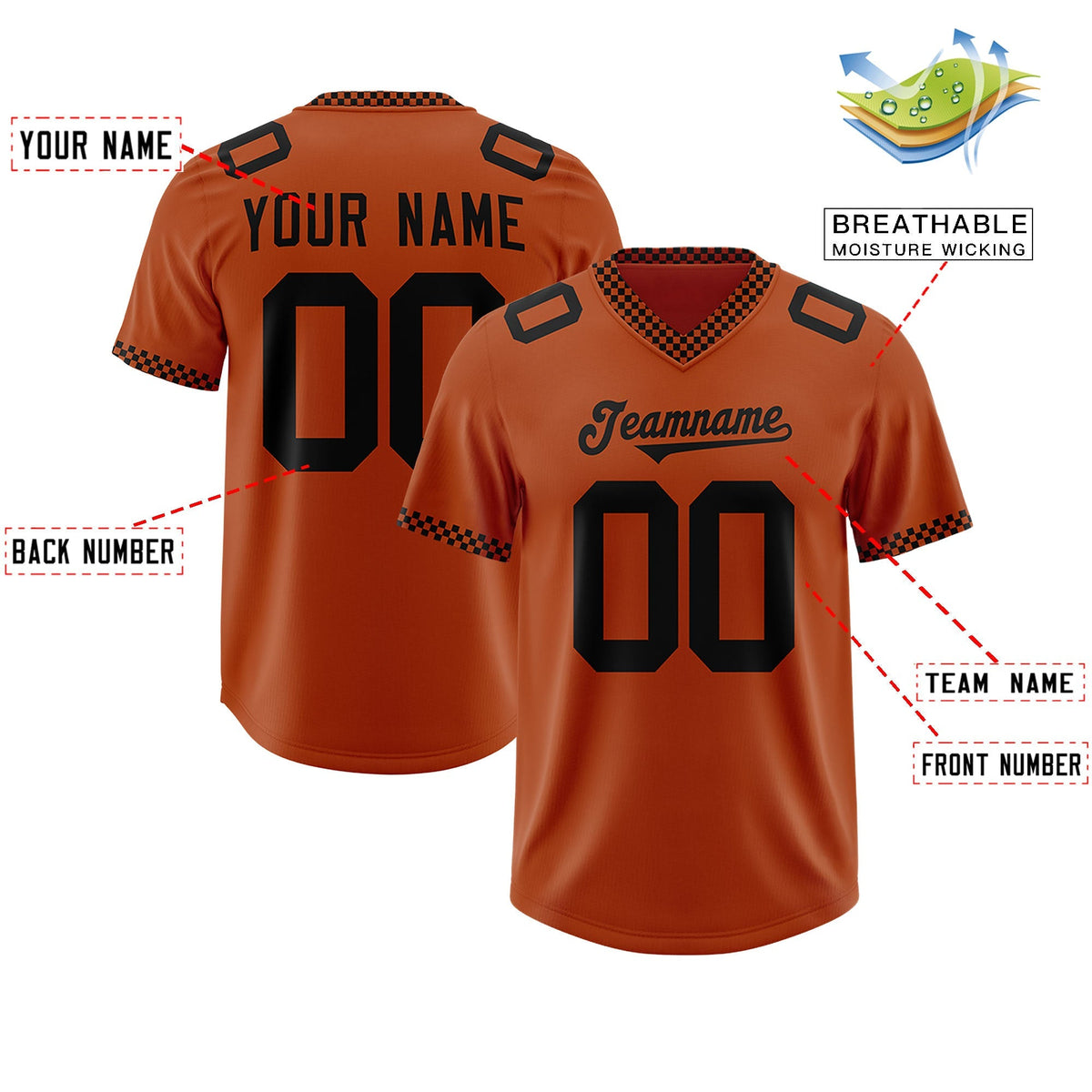 Custom Texas Orange Black Personalized Neckline Square Classic Authentic American Football Jersey