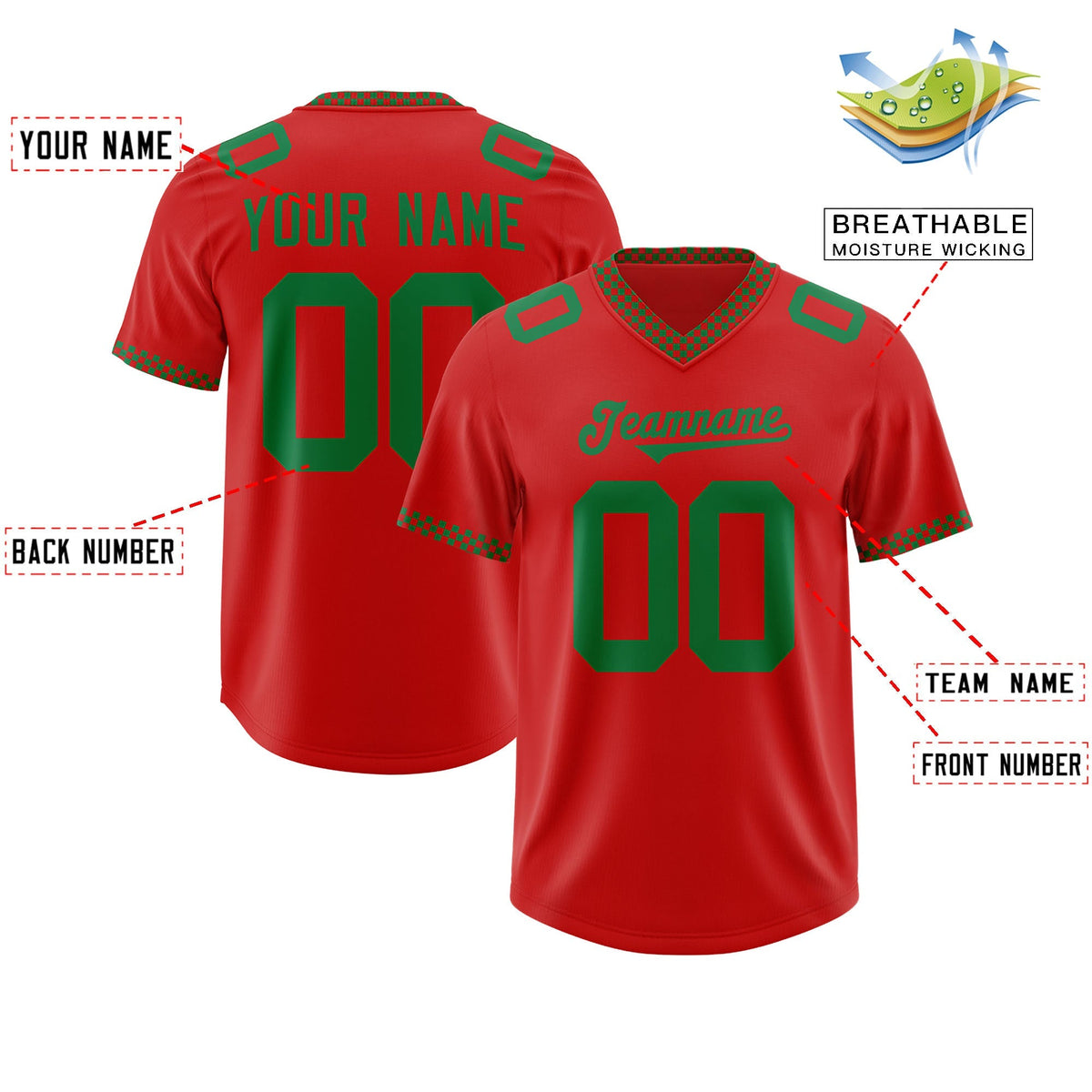 Custom Red Kelly Green Personalized Neckline Square Classic Authentic American Football Jersey