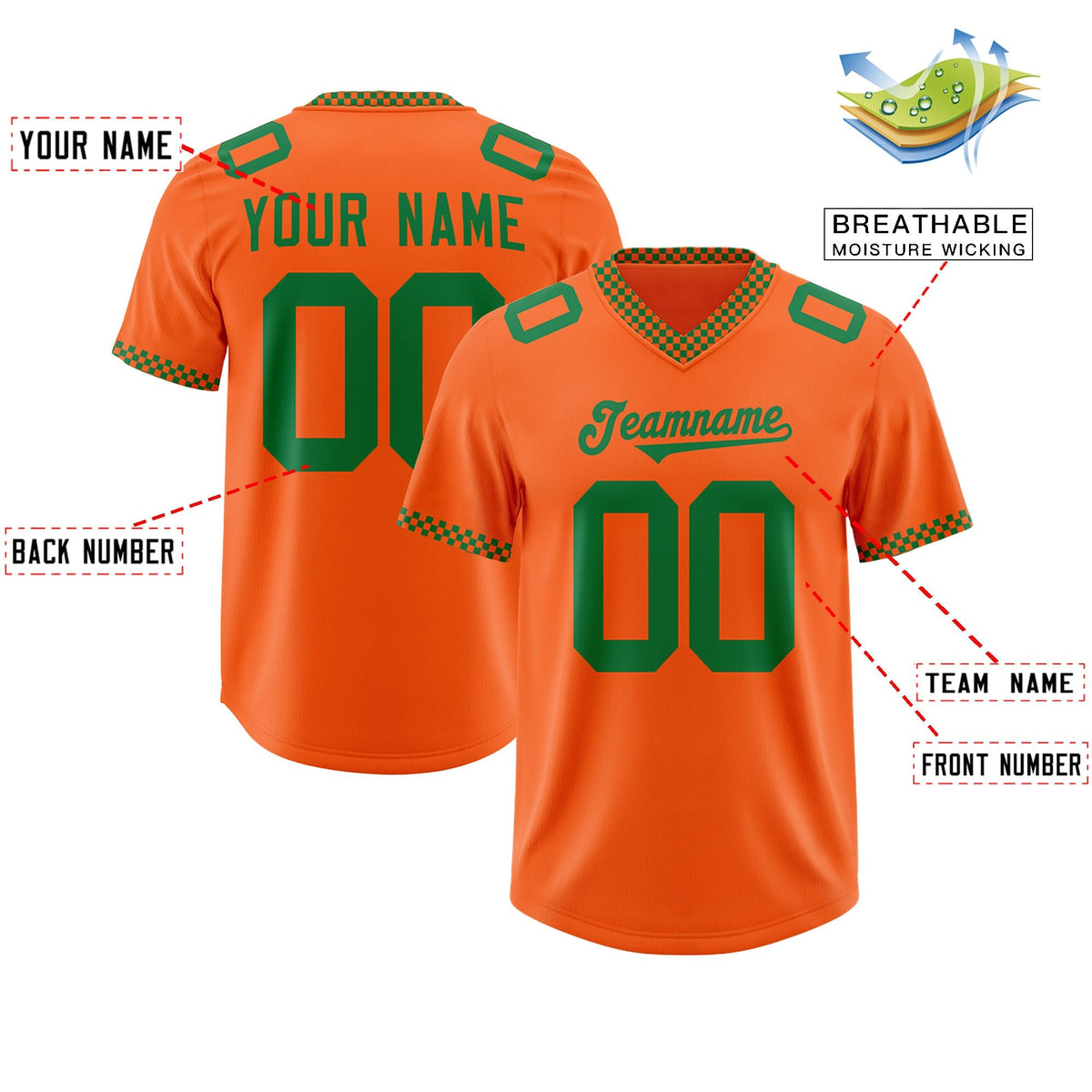 Custom Orange Kelly Green Personalized Neckline Square Classic Authentic American Football Jersey