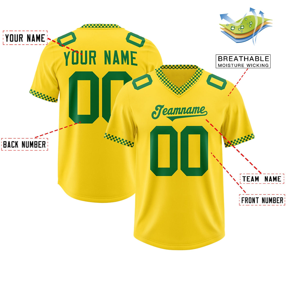 Custom Yellow Kelly Green Personalized Neckline Square Classic Authentic American Football Jersey