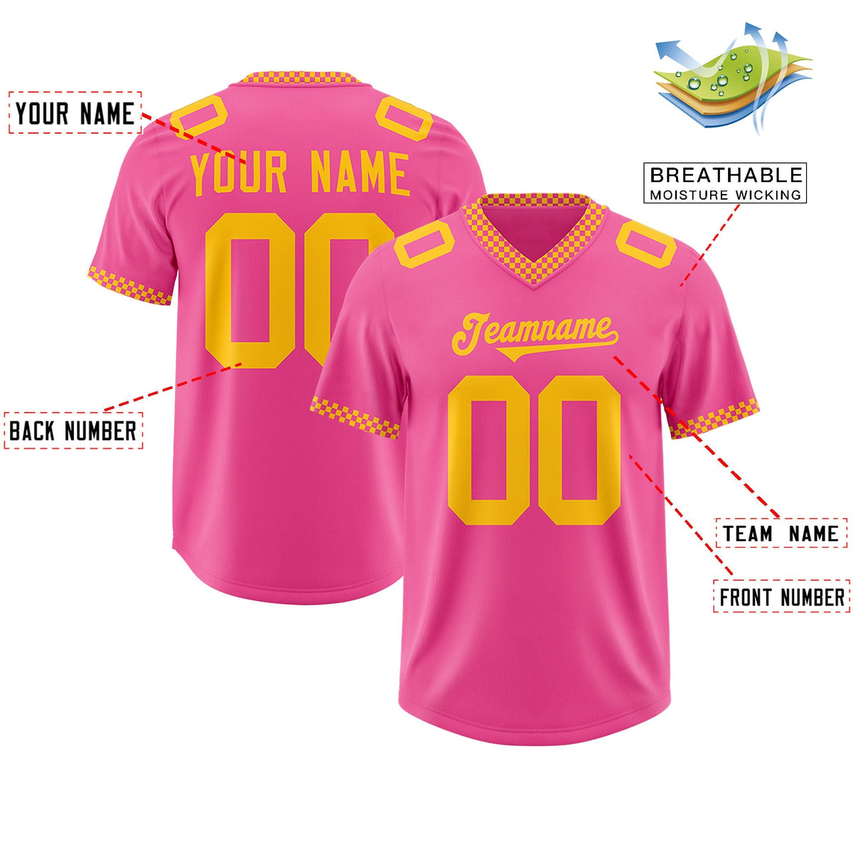 Custom Pink Yellow Personalized Neckline Square Classic Authentic American Football Jersey