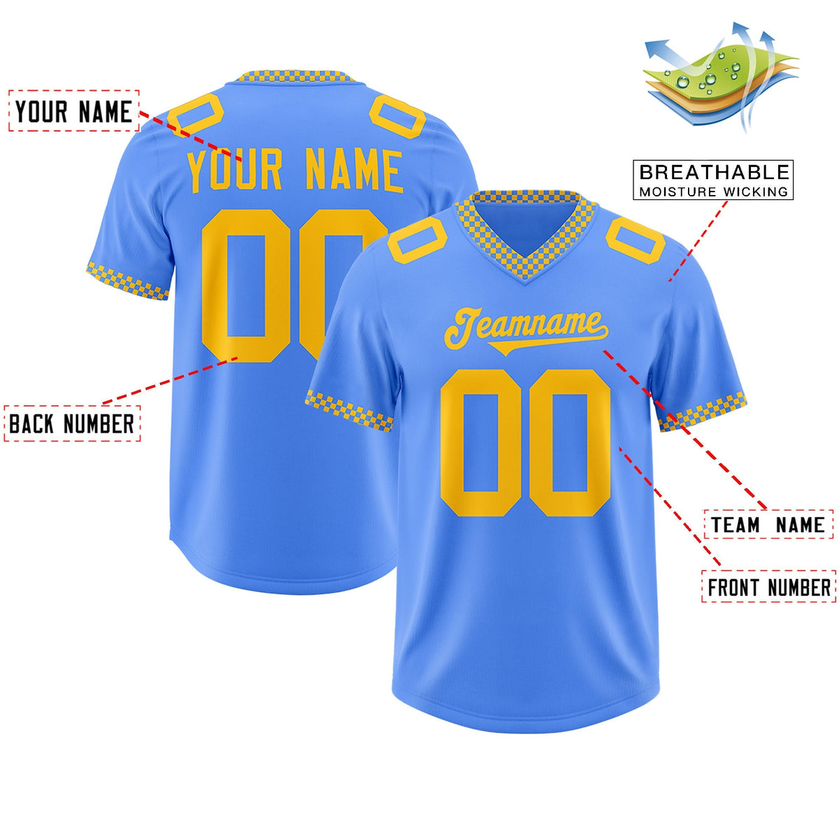 Custom Powder Blue Yellow Personalized Neckline Square Classic Authentic American Football Jersey