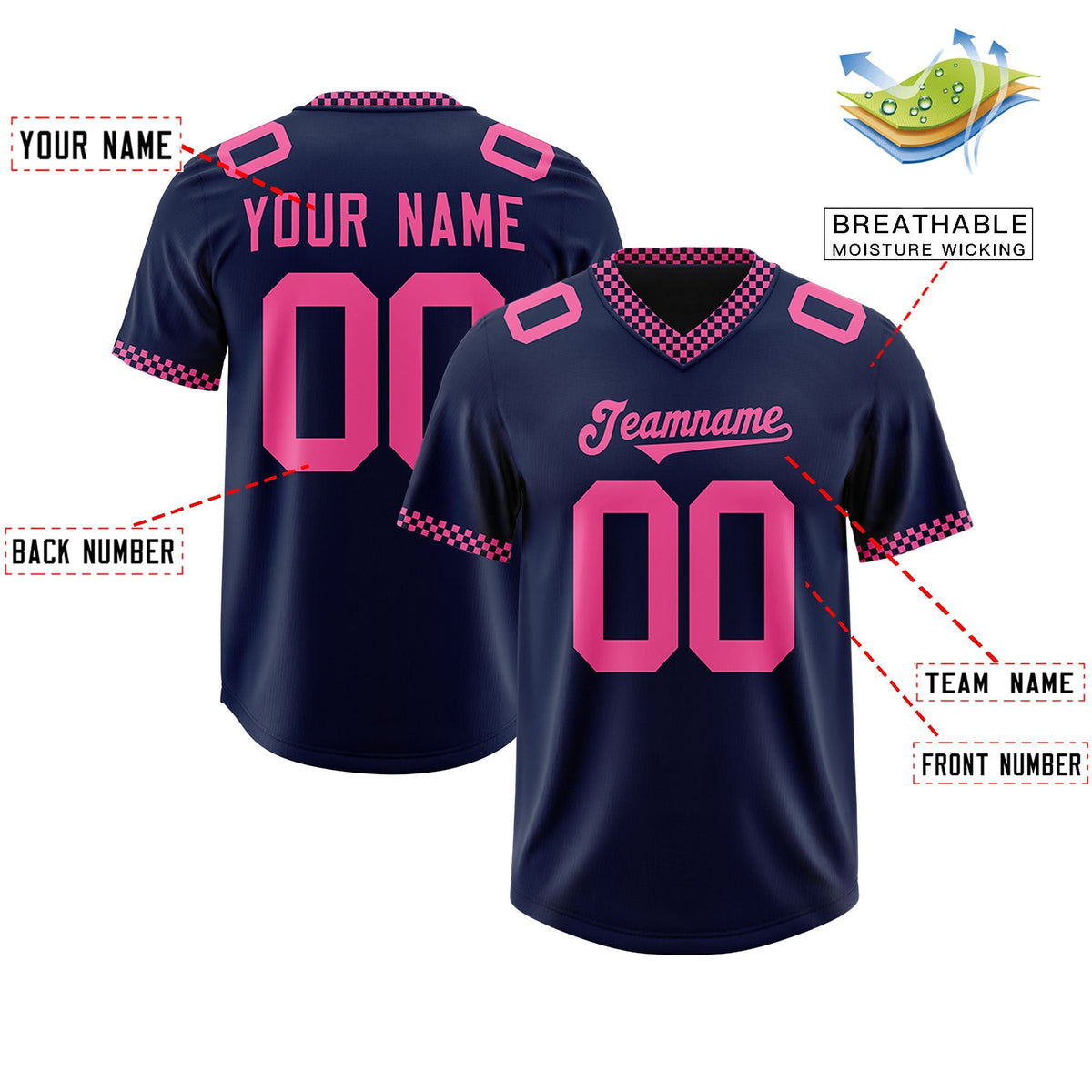 Custom Navy Pink Personalized Neckline Square Classic Authentic American Football Jersey