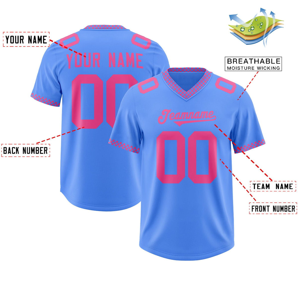 Custom Powder Blue Pink Personalized Neckline Square Classic Authentic American Football Jersey