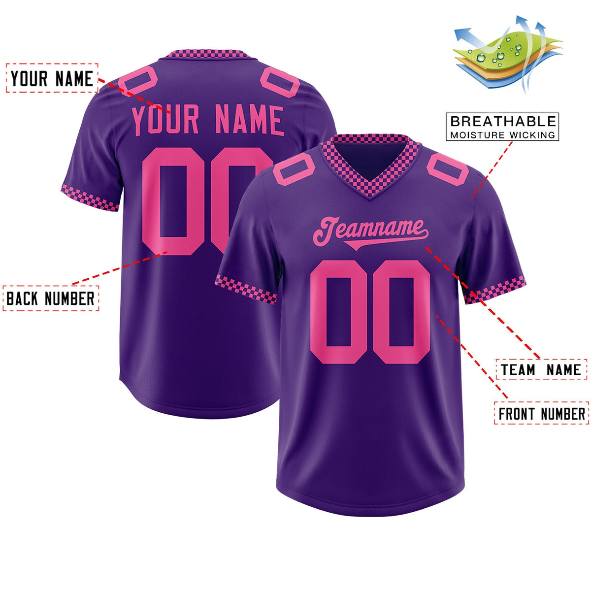 Custom Purple Pink Personalized Neckline Square Classic Authentic American Football Jersey