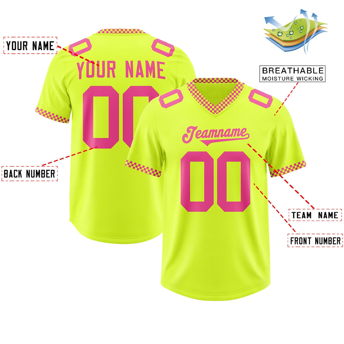 Custom Fluorescent Green Pink Personalized Neckline Square Classic Authentic American Football Jersey