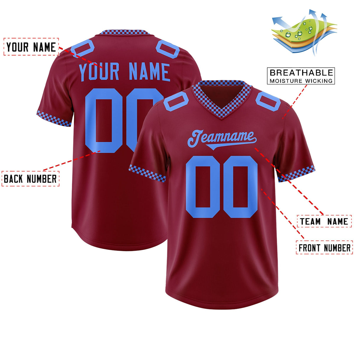 Custom Crimson Powder Blue Personalized Neckline Square Classic Authentic American Football Jersey