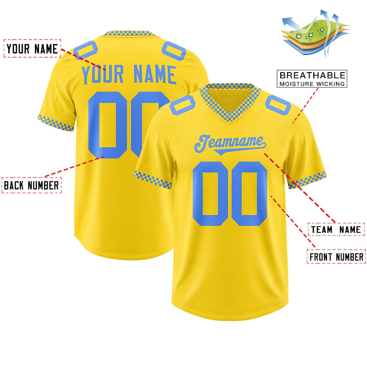 Custom Gold Powder Blue Personalized Neckline Square Classic Authentic American Football Jersey