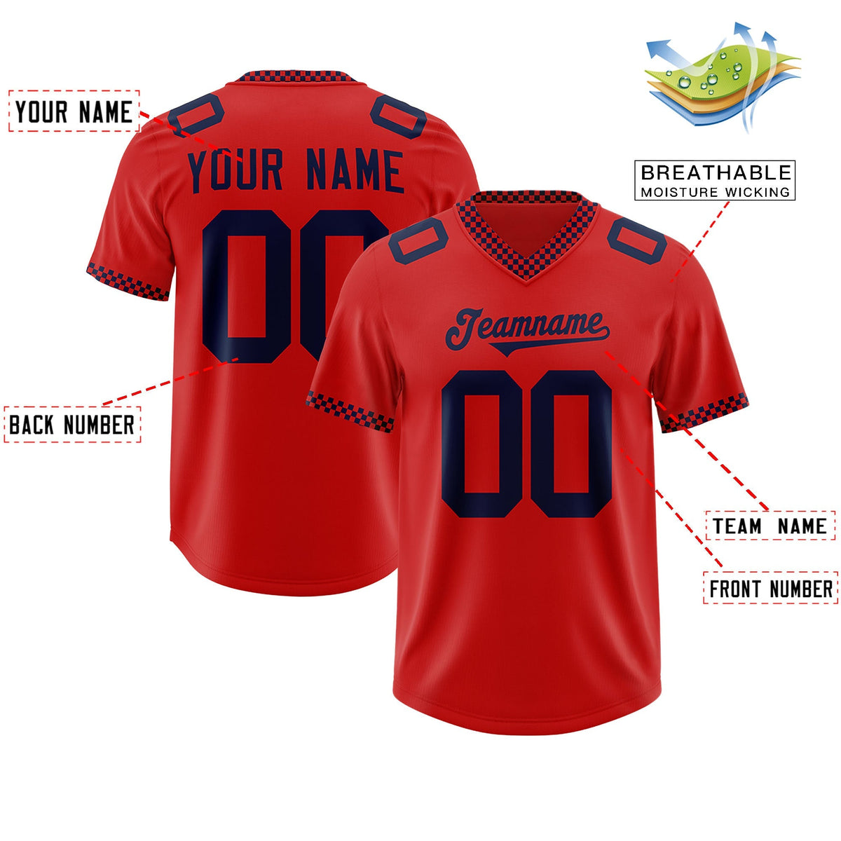 Custom Red Navy Personalized Neckline Square Classic Authentic American Football Jersey