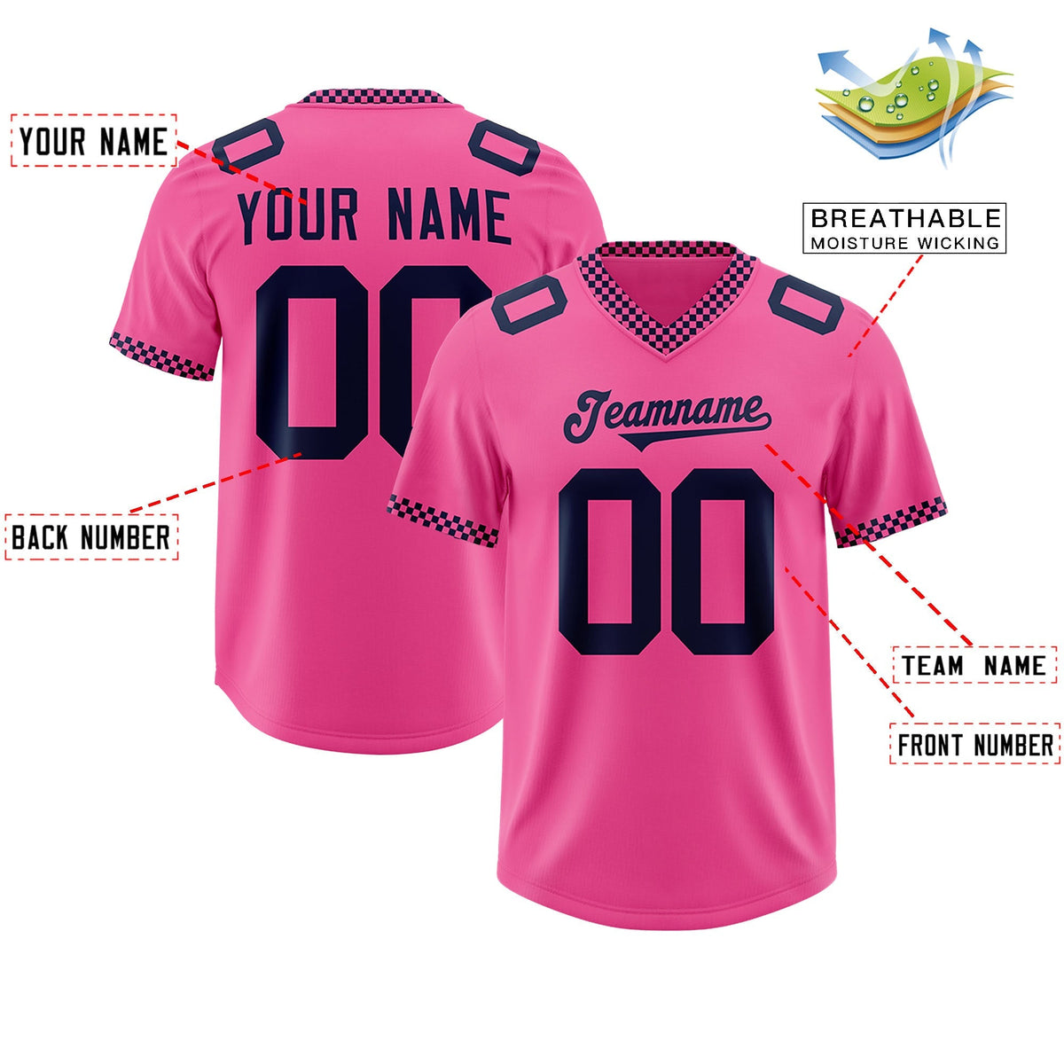 Custom Pink Navy Personalized Neckline Square Classic Authentic American Football Jersey