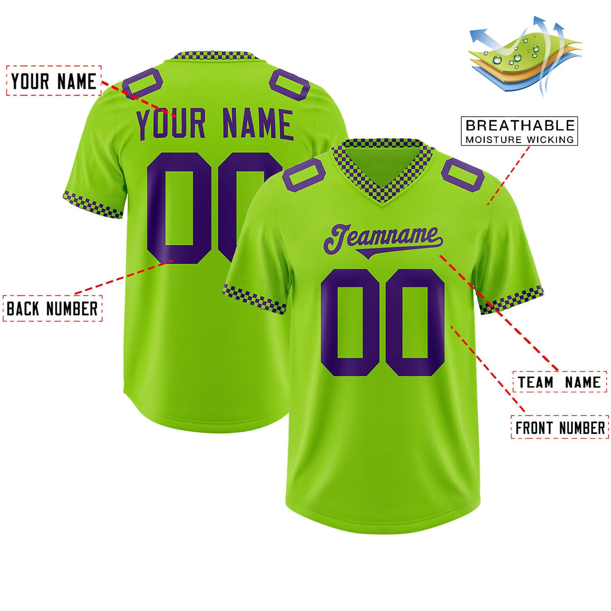 Custom Neon Green Purple Personalized Neckline Square Classic Authentic American Football Jersey
