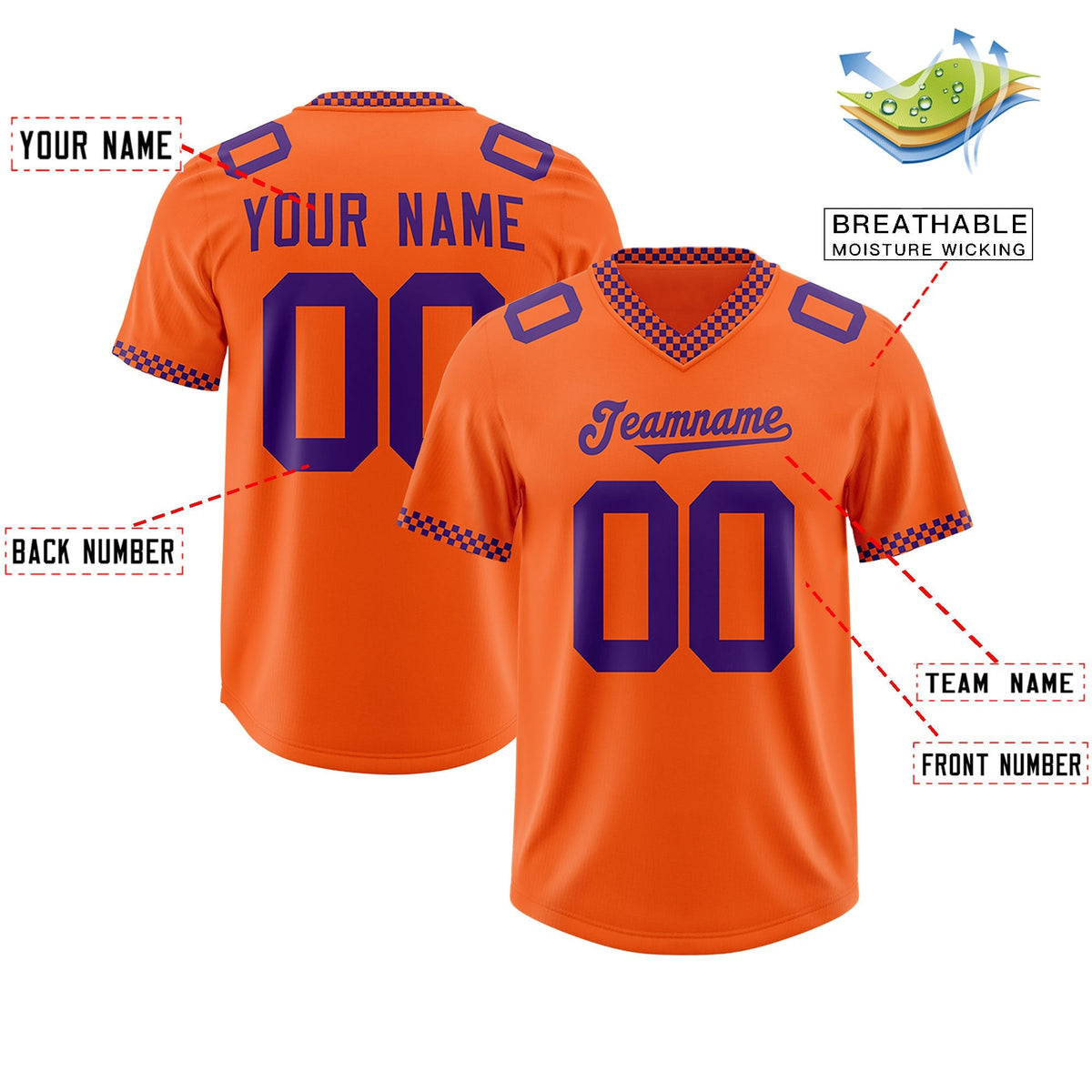 Custom Orange Purple Personalized Neckline Square Classic Authentic American Football Jersey