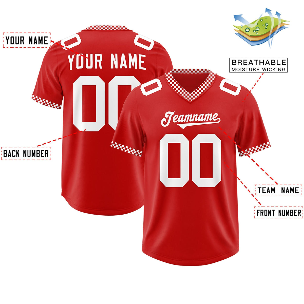 Custom Red White Personalized Neckline Square Classic Authentic American Football Jersey