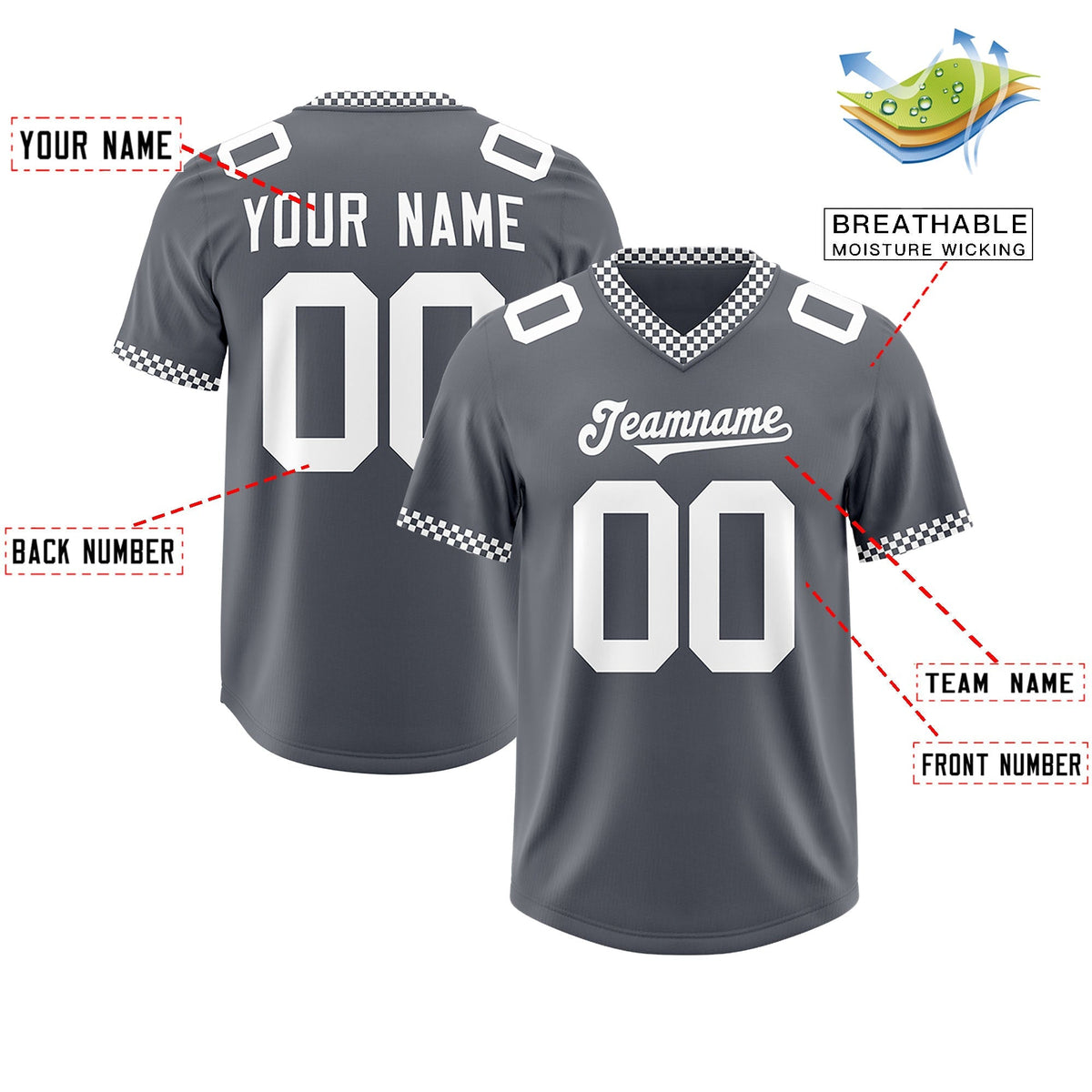 Custom Dark Gray White Personalized Neckline Square Classic Authentic American Football Jersey