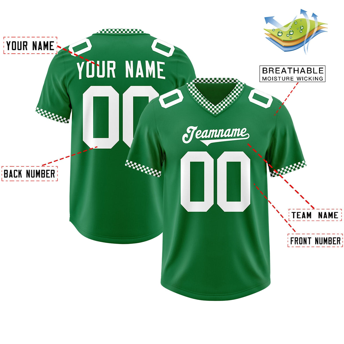 Custom Kelly Green White Personalized Neckline Square Classic Authentic American Football Jersey