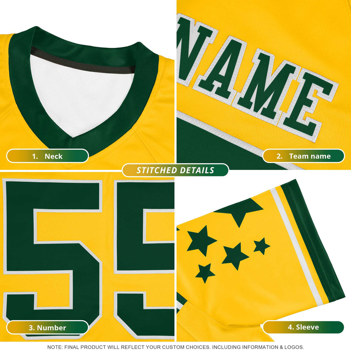 Custom Yellow Kelly Green Personalized Neckline Square Classic Authentic American Football Jersey