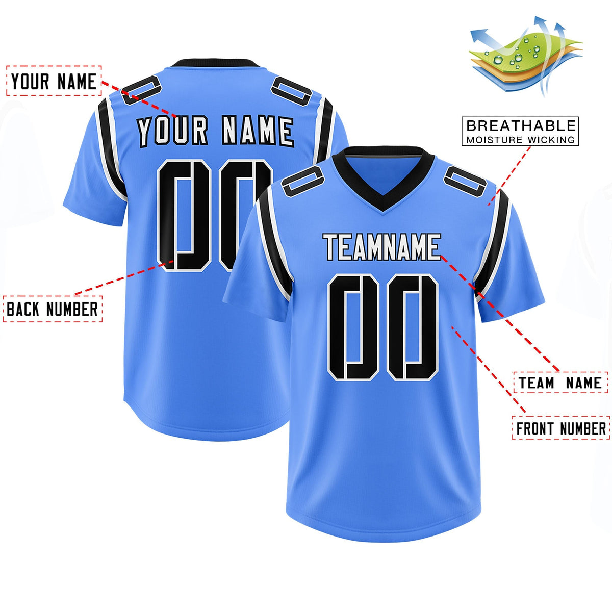 Custom Powder Blue Personalized Shoulder Cut Two-Tone Authentic American Football Jersey