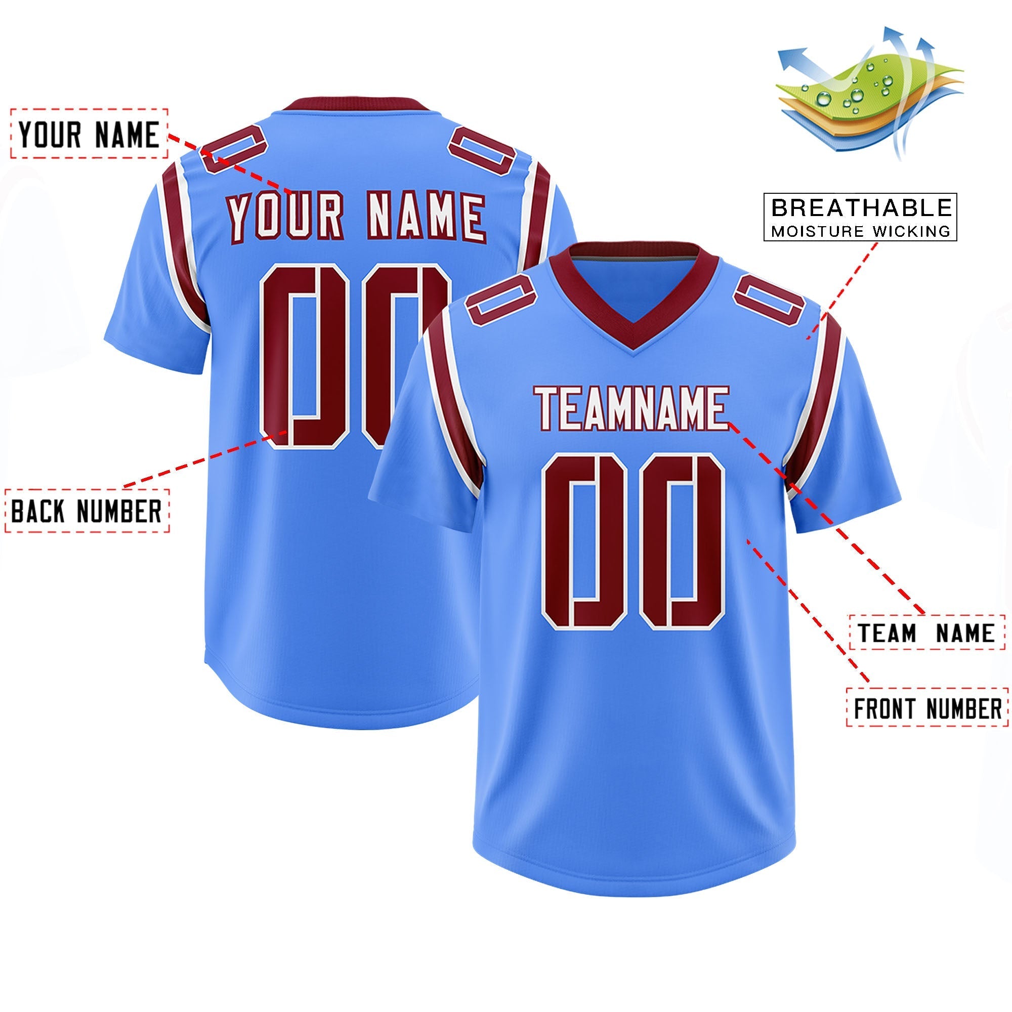 Custom Powder Blue Personalized Shoulder Cut Two-Tone Authentic American Football Jersey