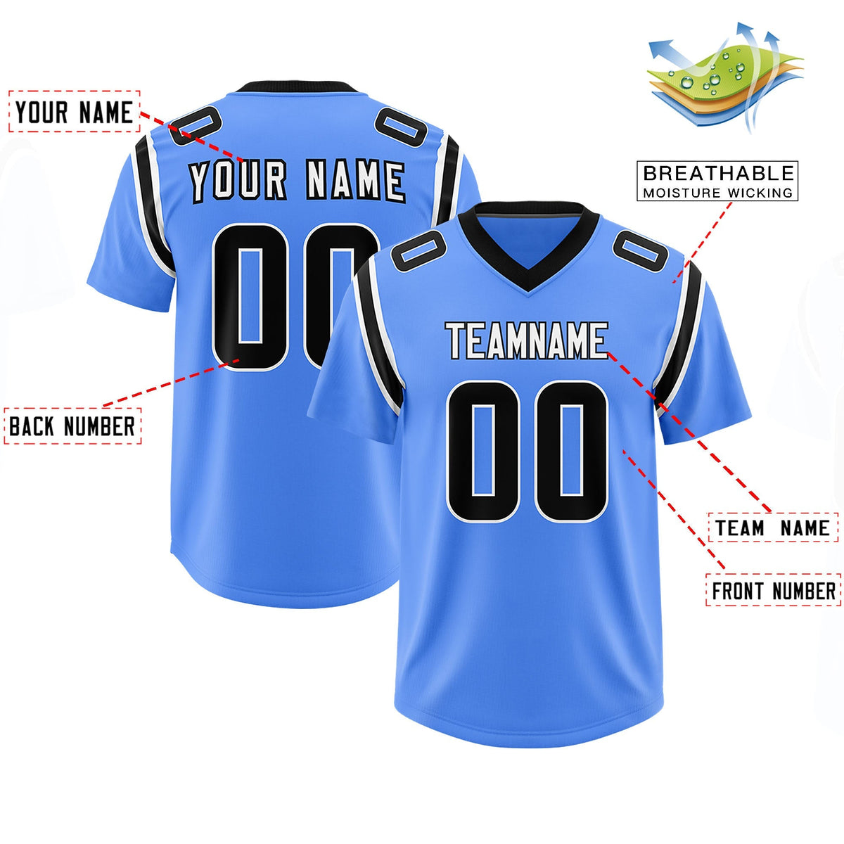 Custom Powder Blue Personalized Shoulder Cut Two-Tone Authentic American Football Jersey