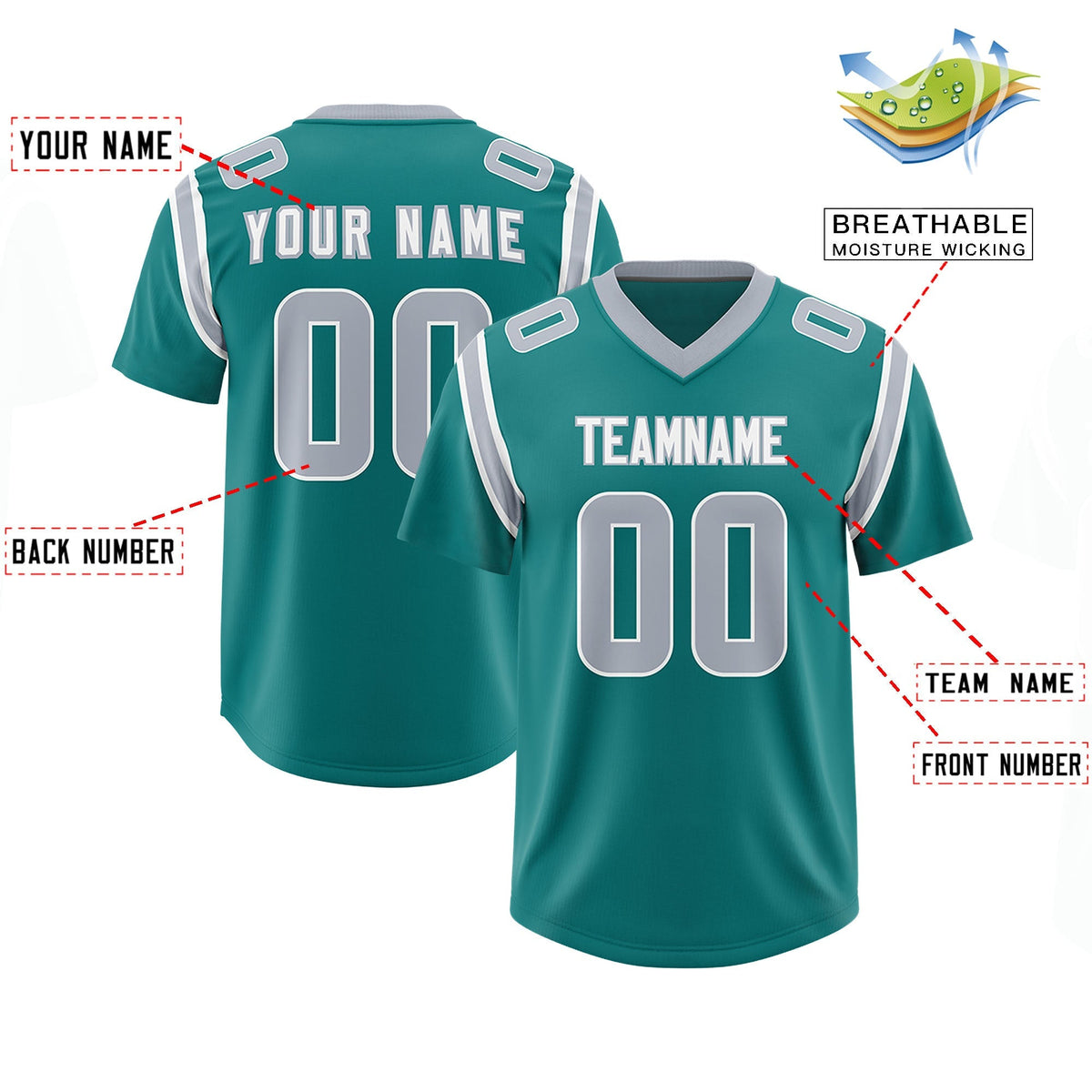 Custom Aqua Personalized Shoulder Cut Two-Tone Authentic American Football Jersey