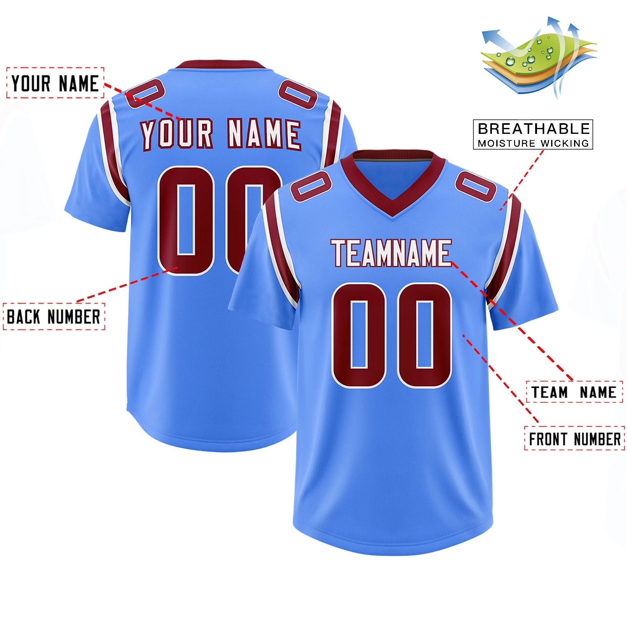 Custom Powder Blue Personalized Shoulder Cut Two-Tone Authentic American Football Jersey