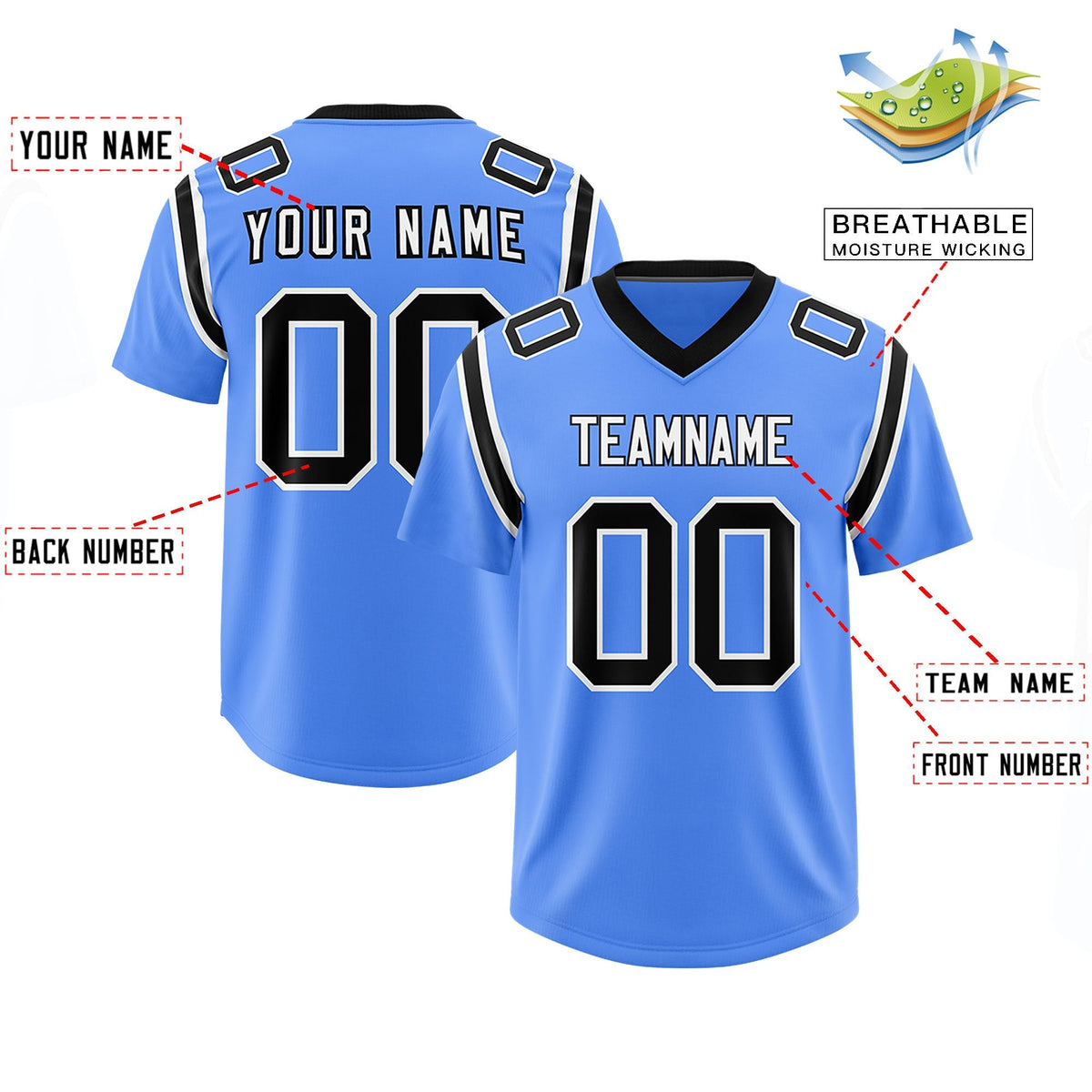 Custom Powder Blue Personalized Shoulder Cut Two-Tone Authentic American Football Jersey