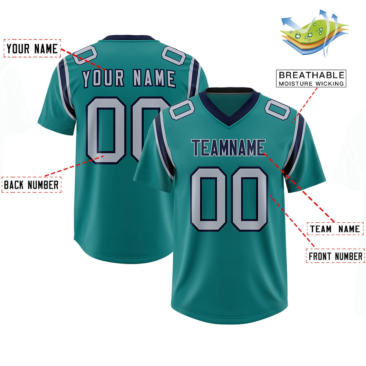 Custom Aqua Personalized Shoulder Cut Two-Tone Authentic American Football Jersey