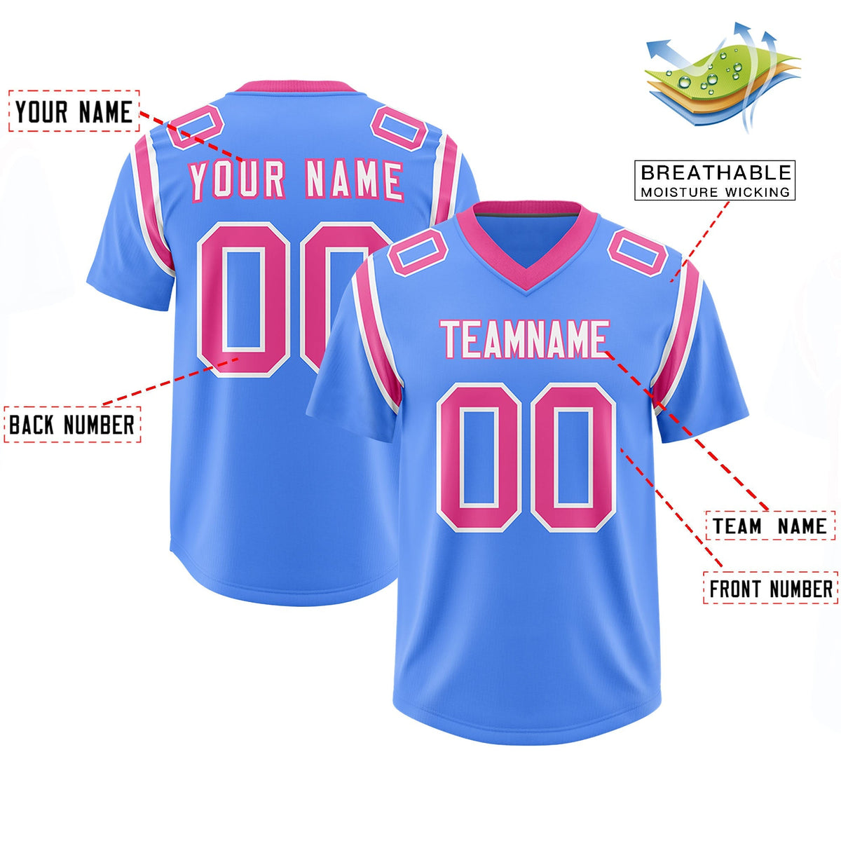 Custom Powder Blue Personalized Shoulder Cut Two-Tone Authentic American Football Jersey