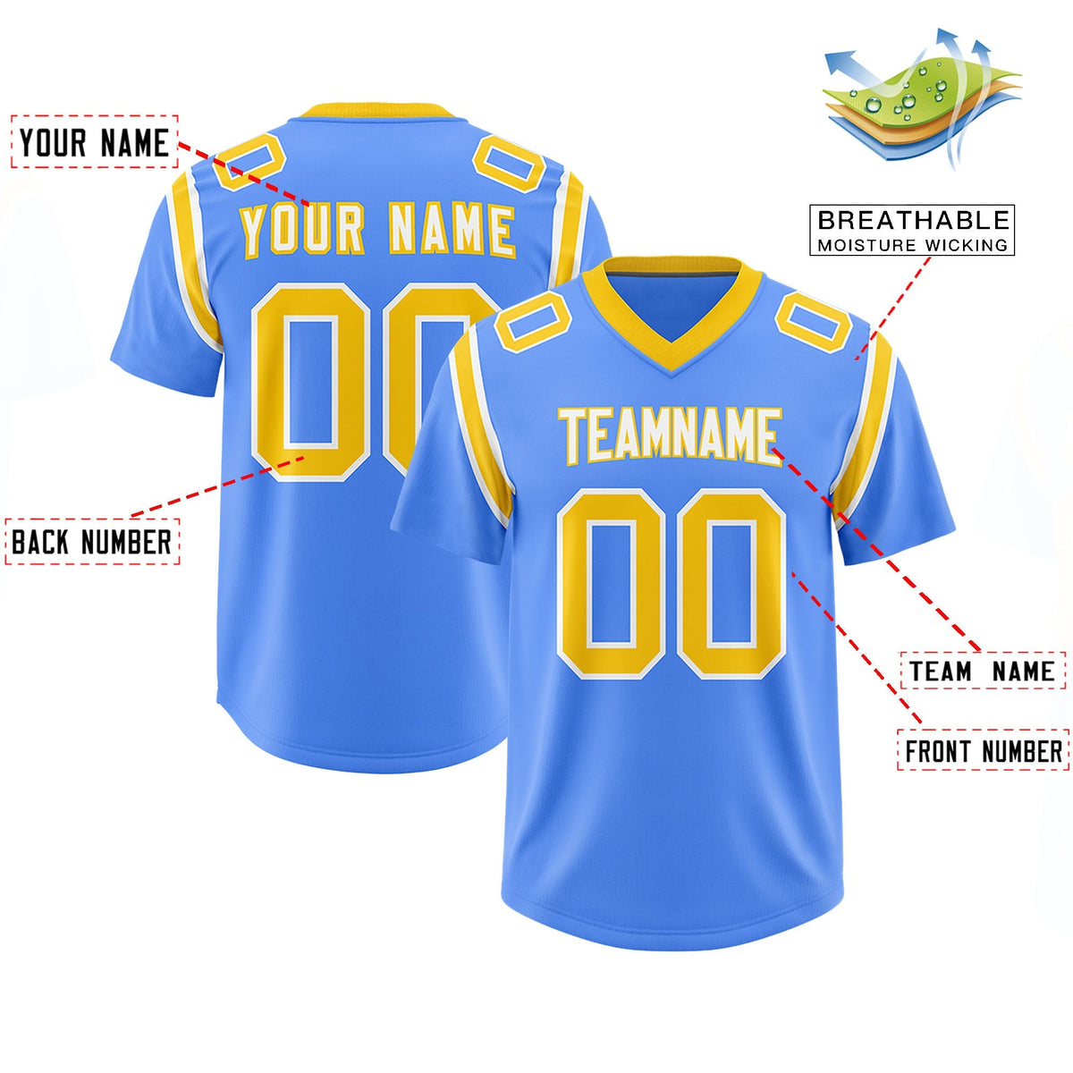 Custom Powder Blue Personalized Shoulder Cut Two-Tone Authentic American Football Jersey