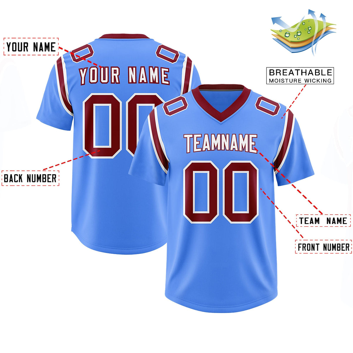 Custom Powder Blue Personalized Shoulder Cut Two-Tone Authentic American Football Jersey