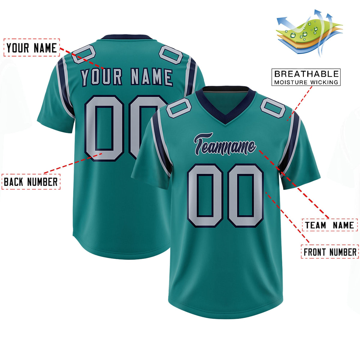 Custom Aqua Personalized Shoulder Cut Two-Tone Authentic American Football Jersey