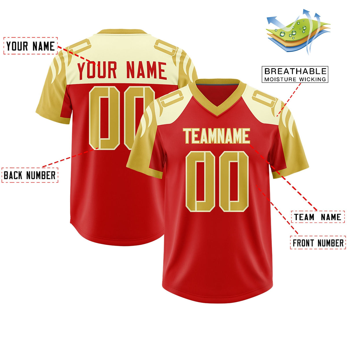 Custom Red Old Gold Raglan Sleeves Personalized Pattern Authentic American Football Jersey