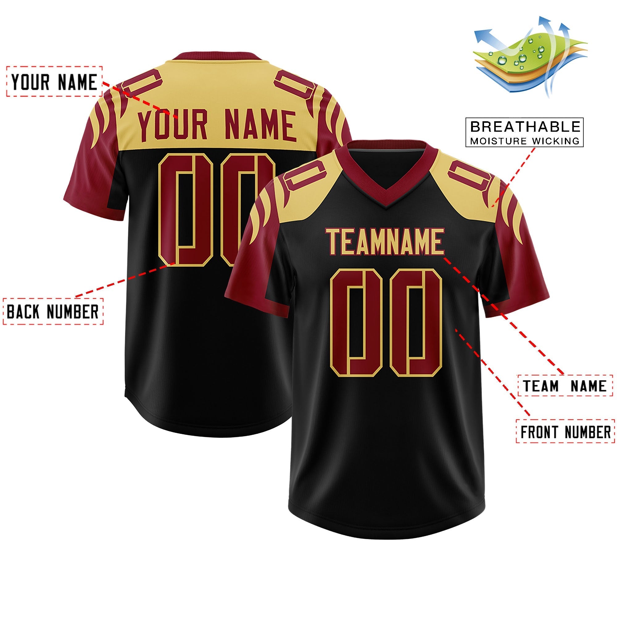 Custom Black Crimson Raglan Sleeves Personalized Pattern Authentic American Football Jersey